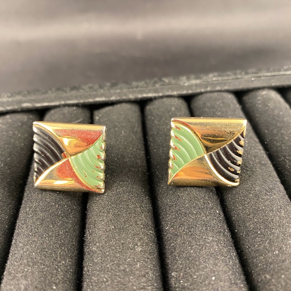 Vintage green black gold cuff links